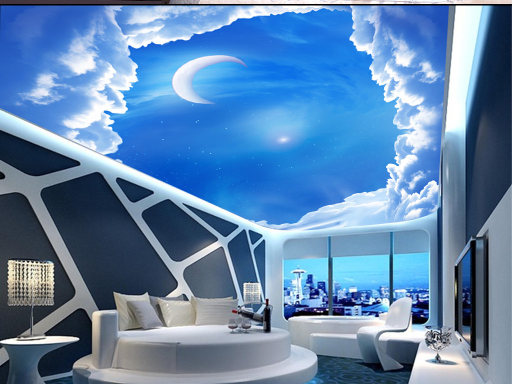 梦幻星空月亮白云客厅天顶吊顶天花板壁画
