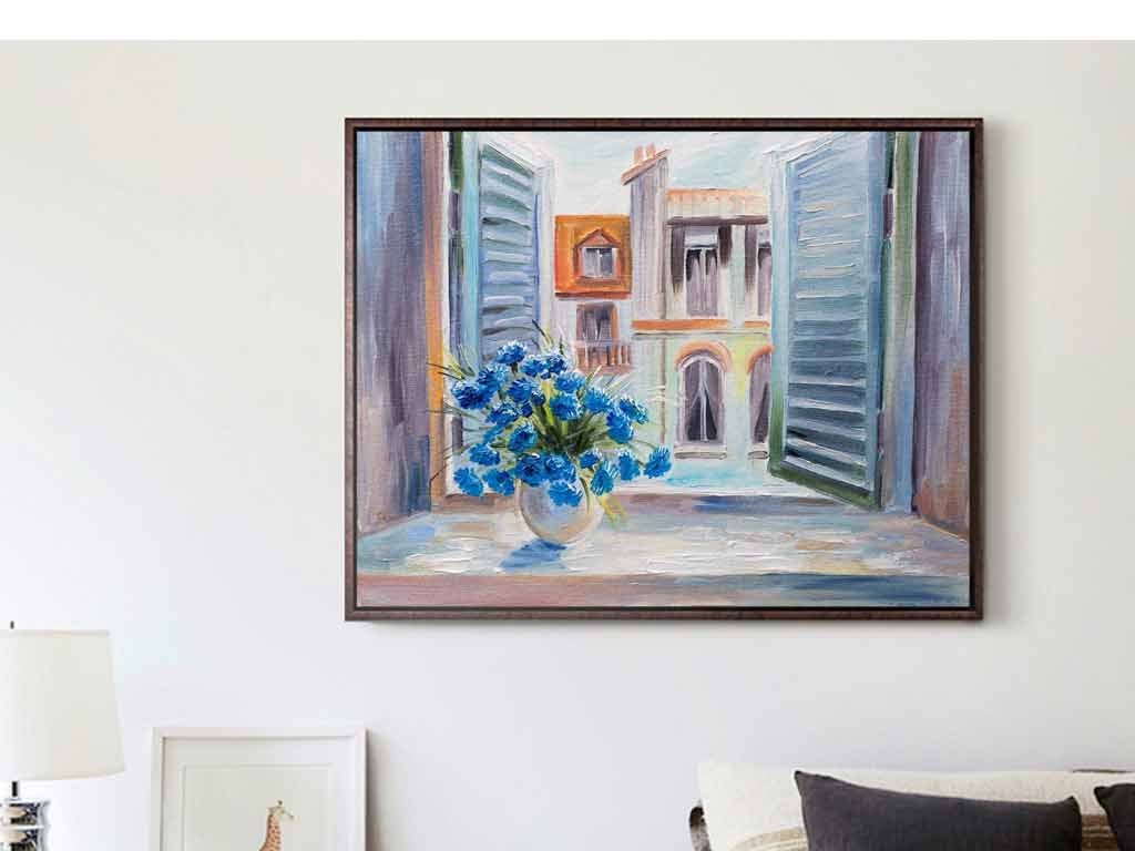 【本作品下载内容为:"阳台窗台上的蓝色花朵花卉彩绘油画"模板,其他内容仅为参考,如需印刷成实物请先认真校稿,避免造成不必要的经济损失。】 【声明】未经权利人许可,任何人不得随意使用本网站的原创作品(含预览图),否则将按照我国著作权法的相关规定被要求承担最高达50万元人民币的赔偿责任。