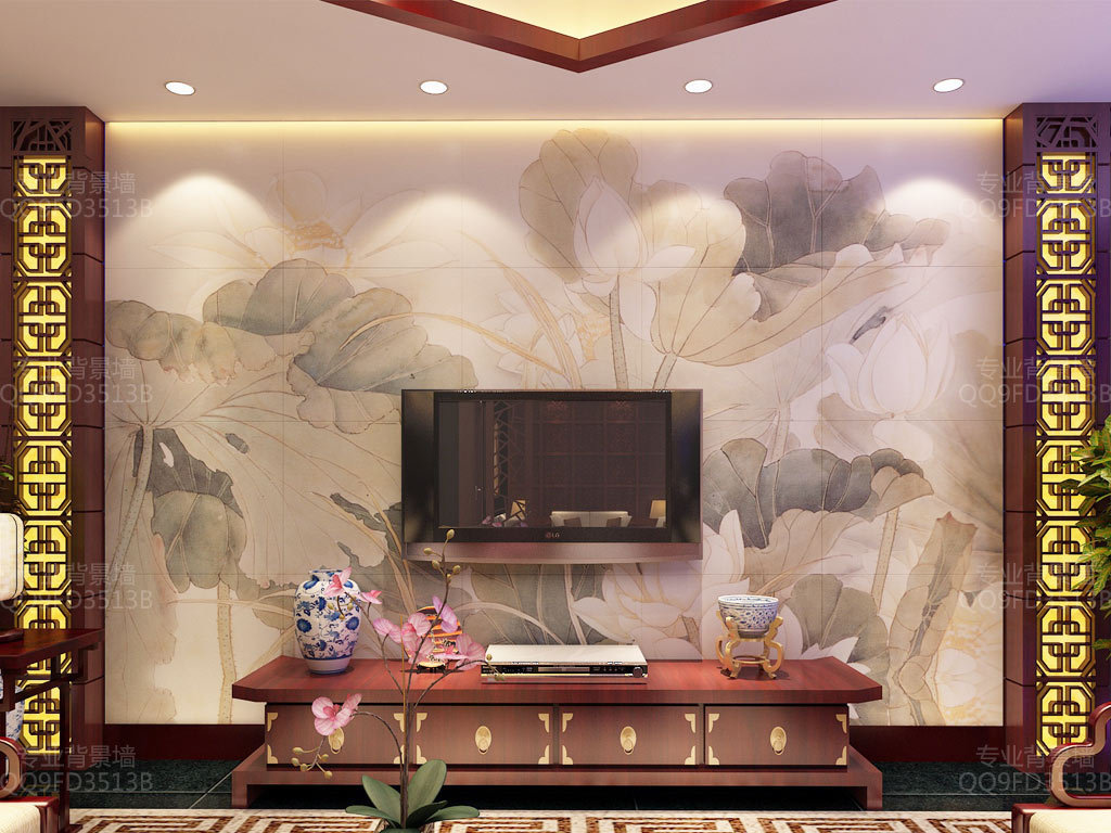 水墨荷花中式背景墙壁画