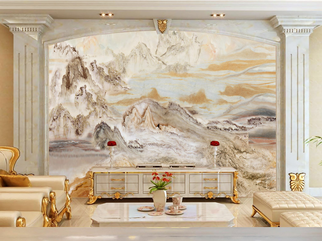 山水情高山流水万里河山大理石纹浮雕背景墙