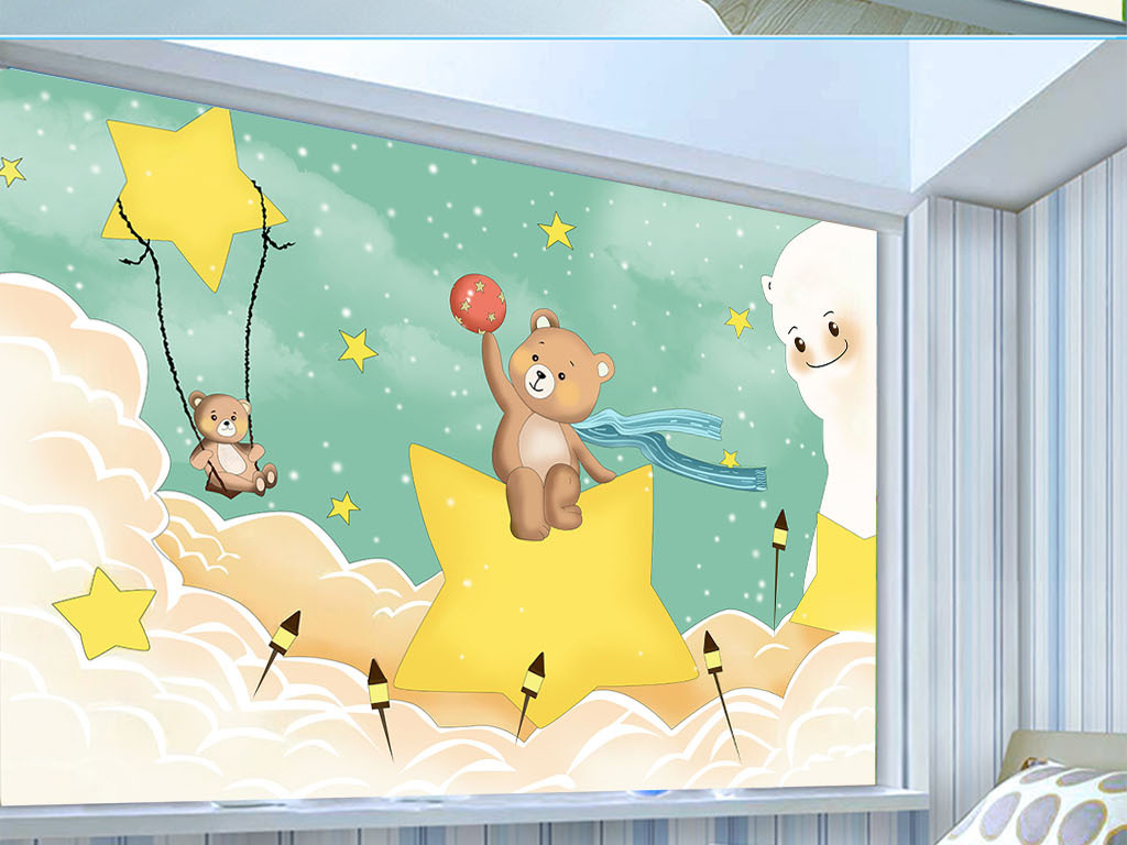 幼儿园儿童房挂画手绘小熊手绘星星卡通背景墙夜空北欧背景墙北欧星空图片