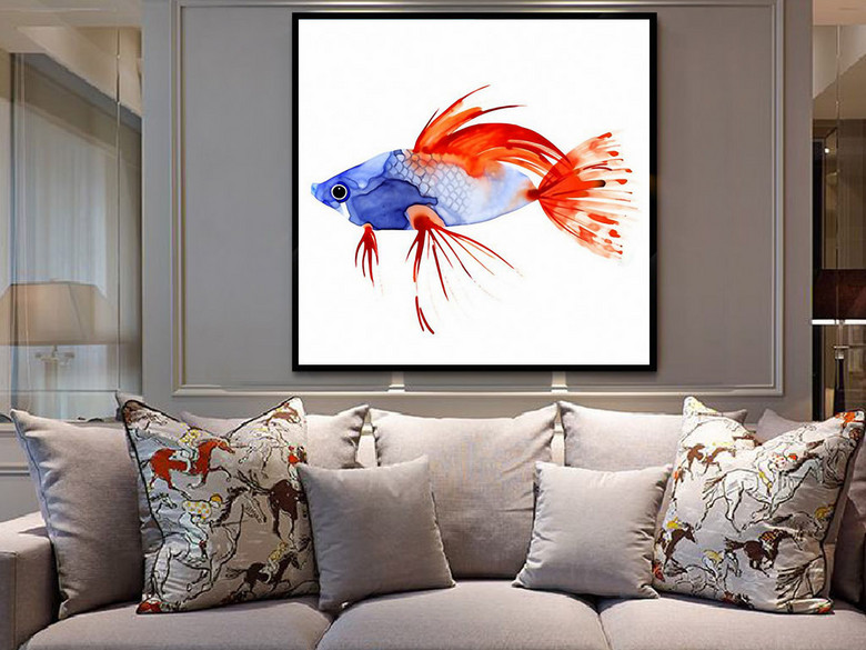 蓝红色斗鱼热带鱼欧式现代手绘水彩无框画(图