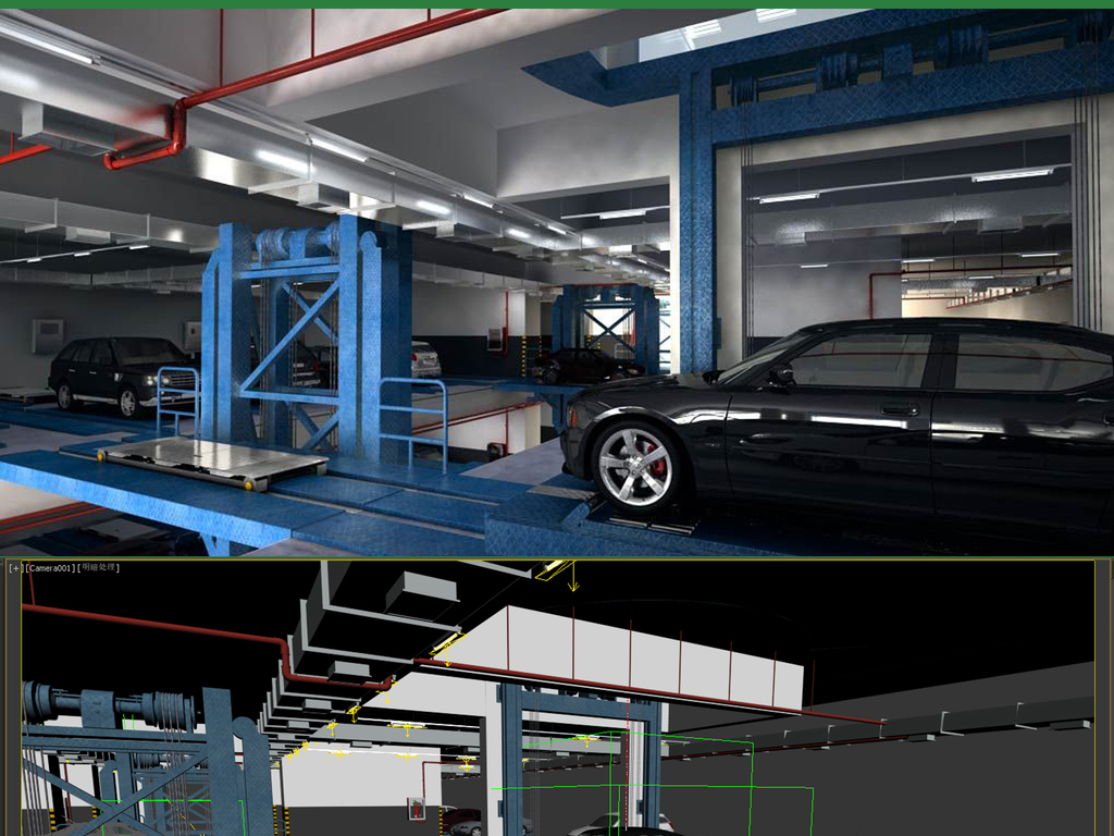 3Dmax下沉式自动停车场地下车库模型