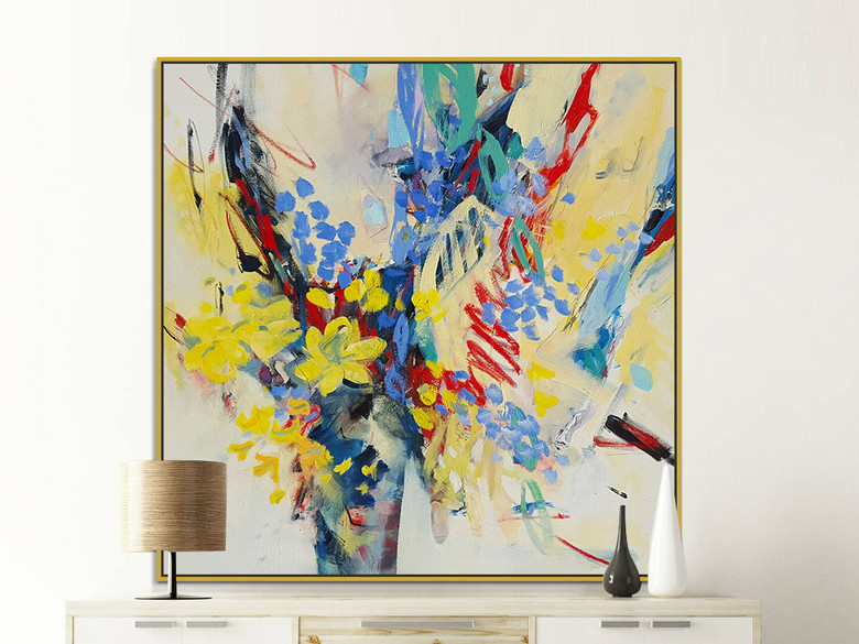 美式黄色花卉抽象巨幅高清油画装饰画(图片编