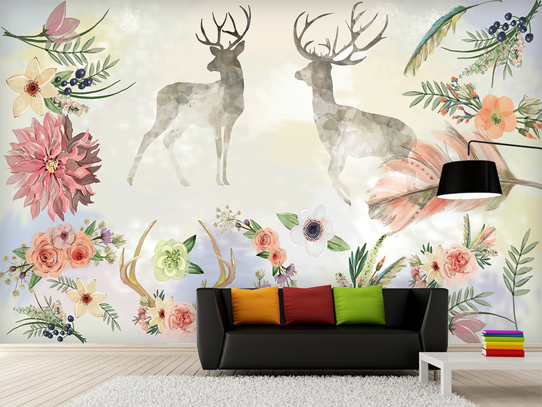 美式复古森系田园麋鹿手绘水彩花卉背景墙(图