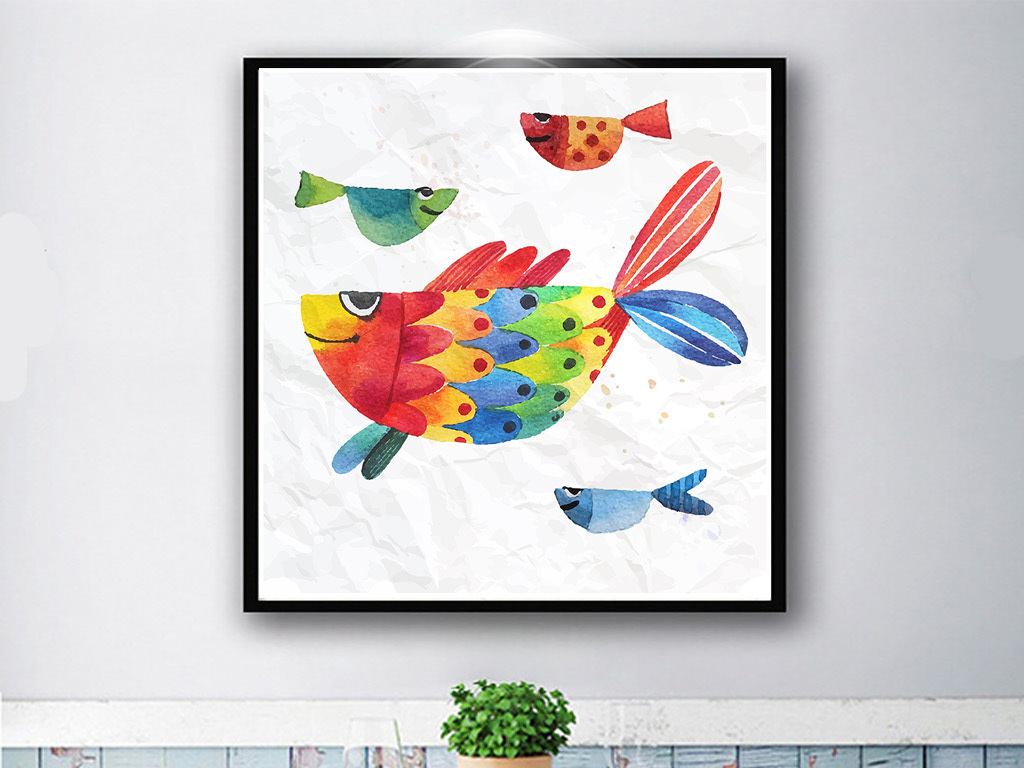 简约小清新手绘七彩小鱼装饰画