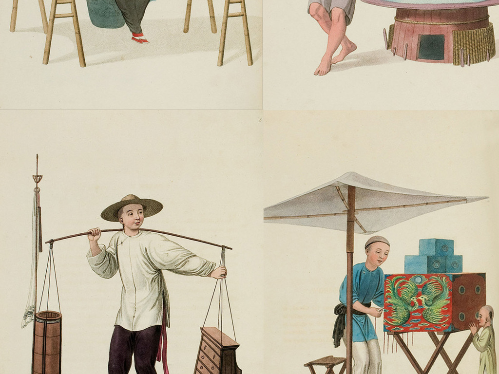 中国清代彩绘人物复古手绘插画设计素材