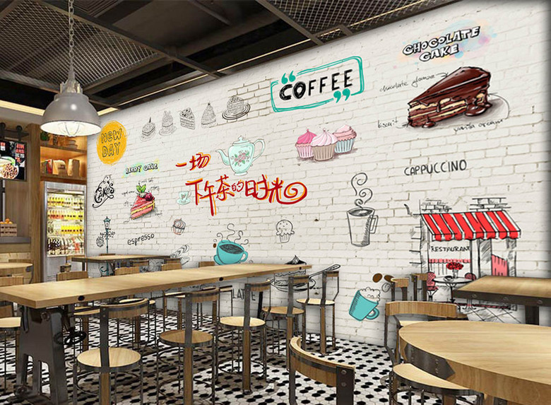 欧美砖墙手绘下午茶甜品店蛋糕店背景墙(图片