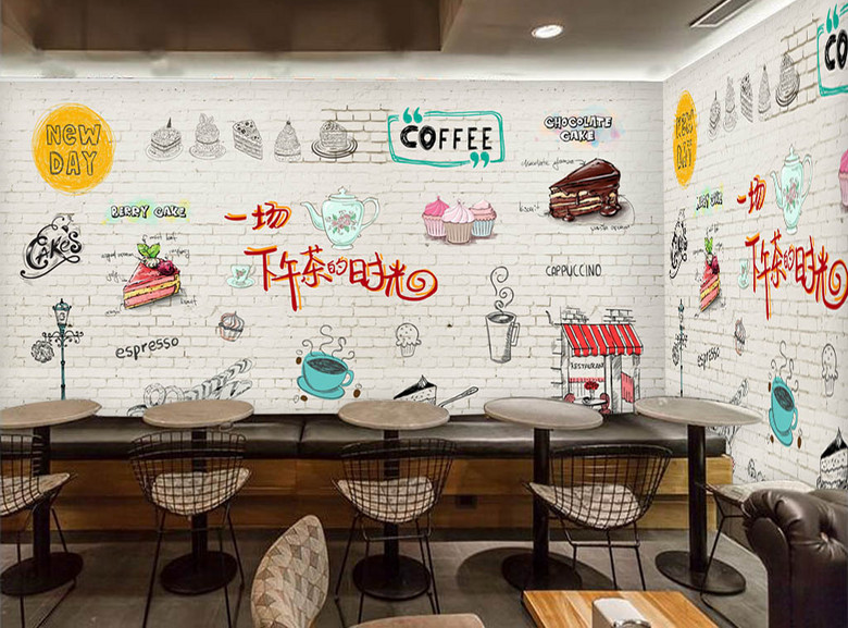 欧美砖墙手绘下午茶甜品店蛋糕店背景墙(图片