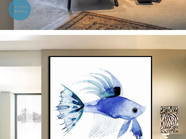 墨水蓝色斗鱼年年有鱼欧式手绘现代装饰画(图