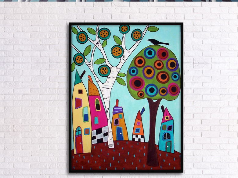 大树和房子欧式手绘乡村田园风复古装饰画(图