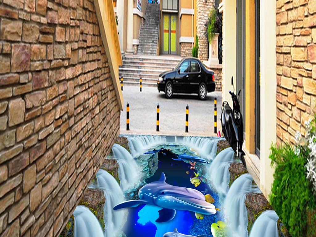 瀑布海底世界海豚3D浴室走道地板画地砖