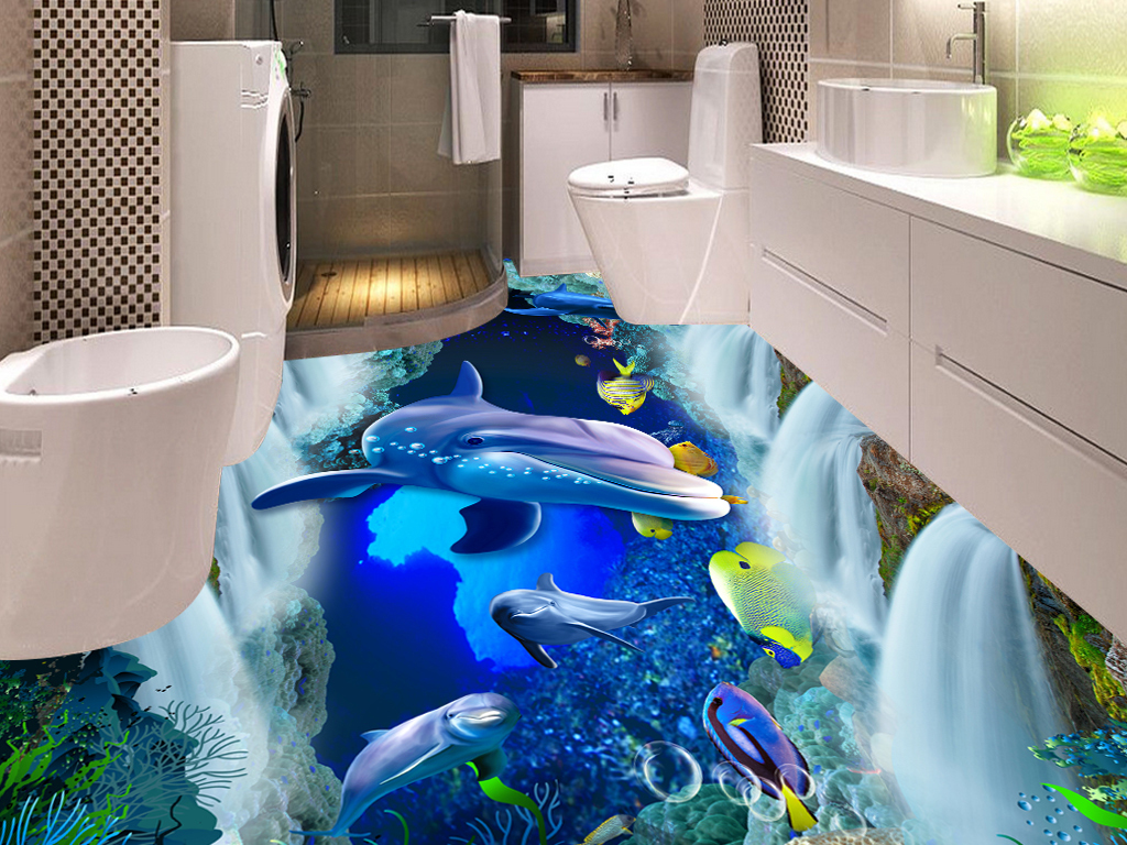 瀑布海底世界海豚3D浴室走道地板画地砖