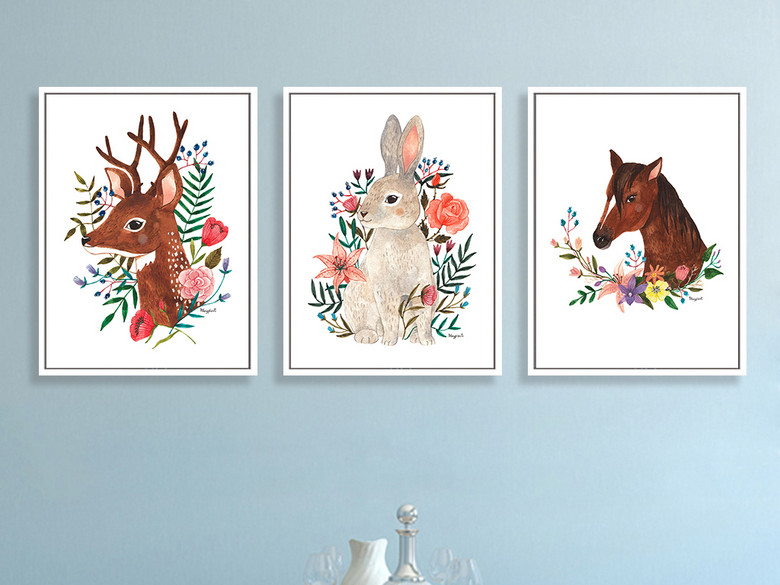 北欧简约手绘动物兔子马麋鹿三联画水彩画(图