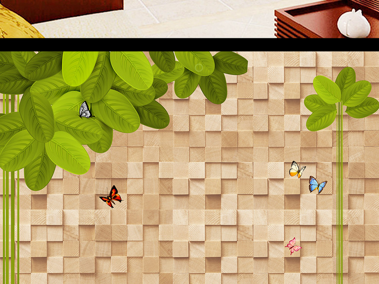 抽象树绿色树方块方框木块木头叶子树背景墙(