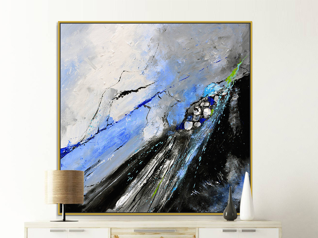 北欧现代动感蓝色黑色色斑抽象油画装饰画