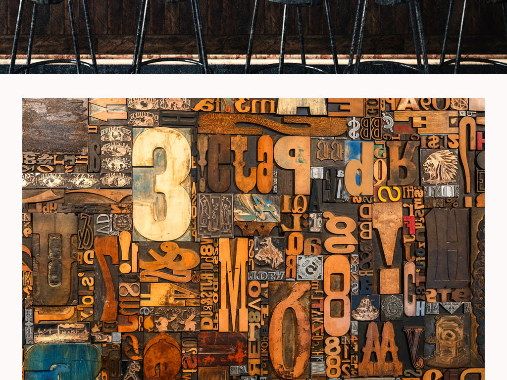 怀旧复古木板木刻英文字母酒吧咖啡厅背景墙