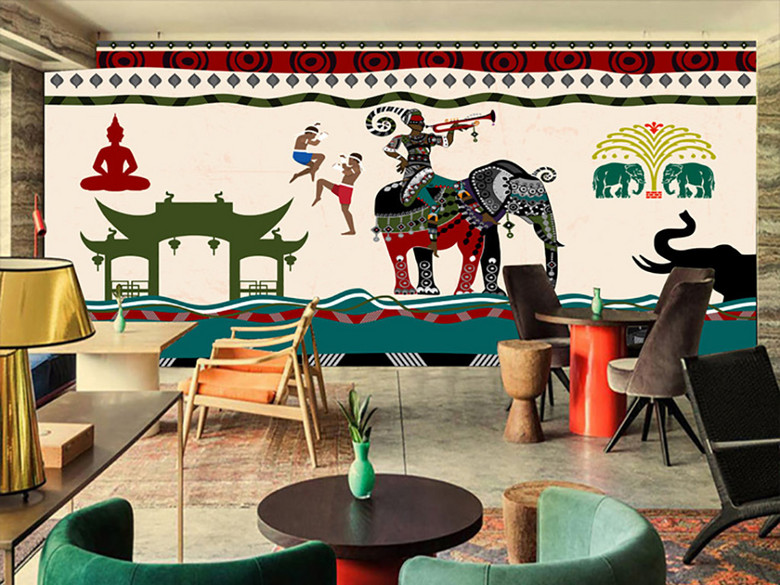 手绘泰国大象酒吧餐厅背景墙(图片编号:16060