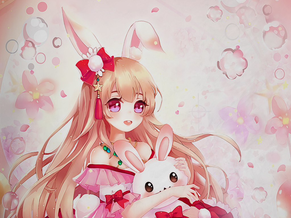 卡通手绘可爱动漫小女孩小白兔儿童房装饰画