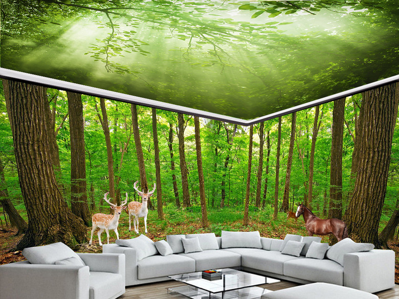 绿色阳光森林风景画逼真梅花鹿全屋壁纸(图片