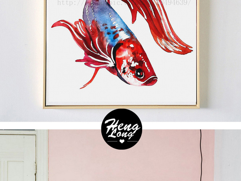 水彩手绘发财鱼孔雀鱼斗鱼无框画装饰(图片编
