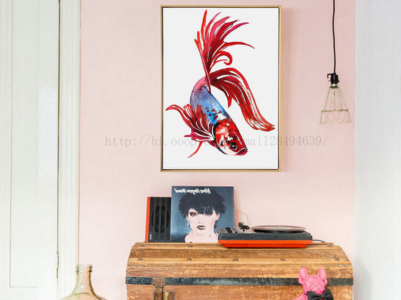 水彩手绘发财鱼孔雀鱼斗鱼无框画装饰(图片编