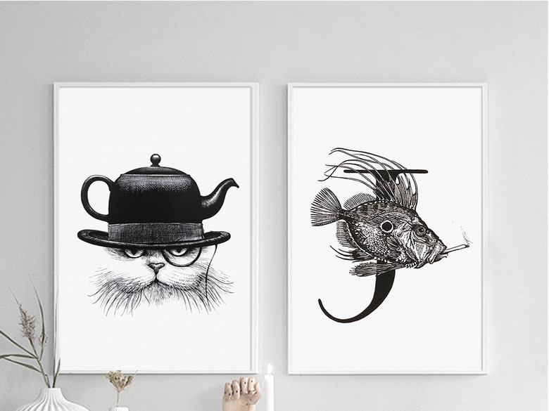 戴帽子的喵先生茶壶鱼英文字母J黑白无框画(图