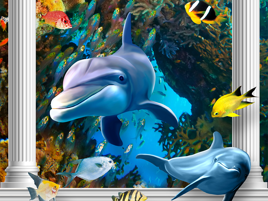海豚海底世界罗马柱宫殿3d玄关背景墙壁画图片