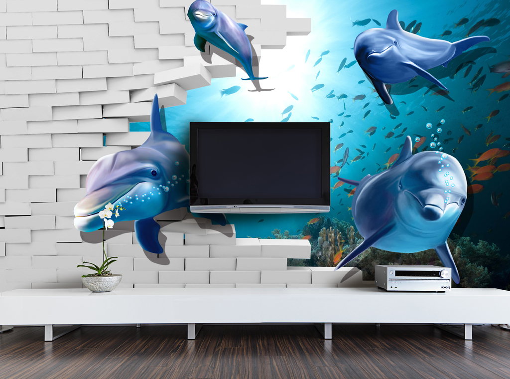 3D立体海豚海洋电视背景墙图片设计素材_高清