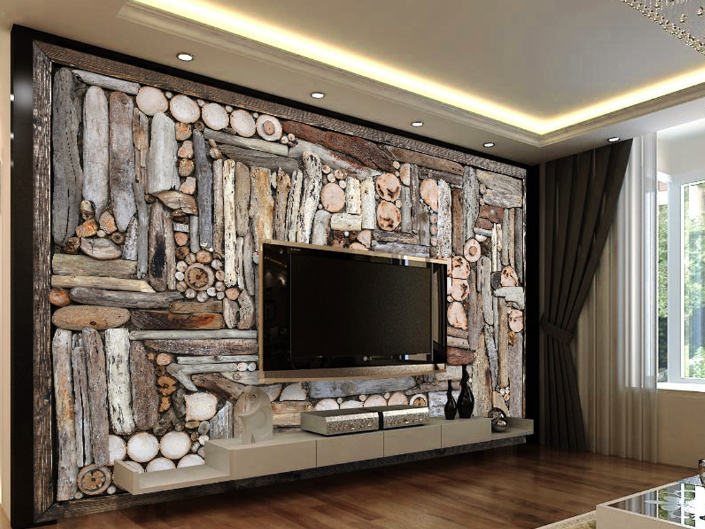 木头复古3d立体自然墙壁装饰电视背景墙