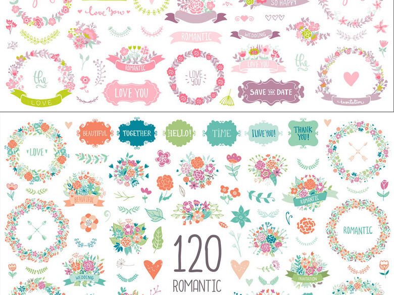 婚礼婚庆邀请函清新手绘花卉花环EPS矢量素