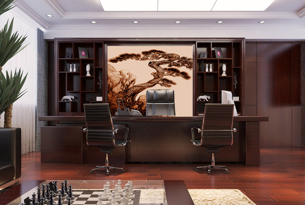 总裁总经理老总领导办公室背景墙画苍松树装饰画