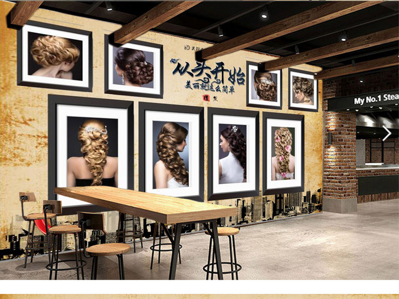 复古怀旧从头开始照片墙美容美发店背景墙(图