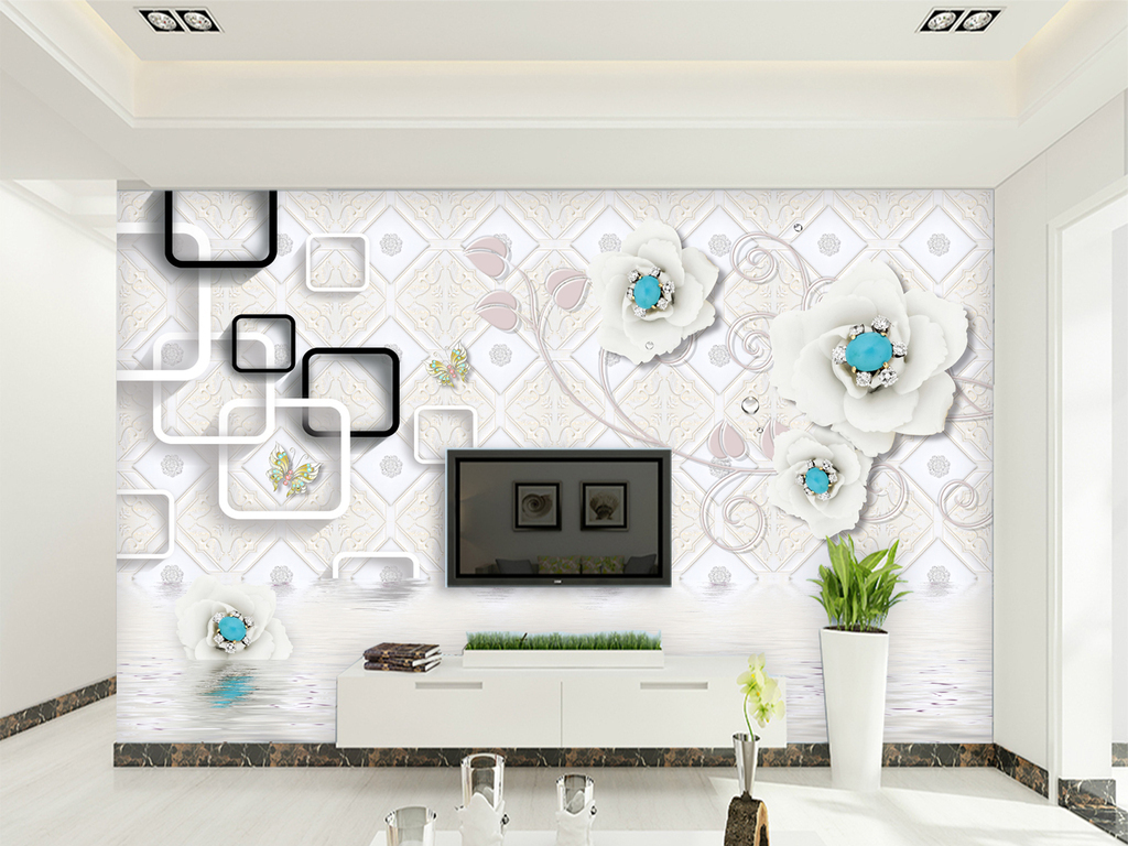 淡雅白色花朵珍珠3D软包珠宝背景墙