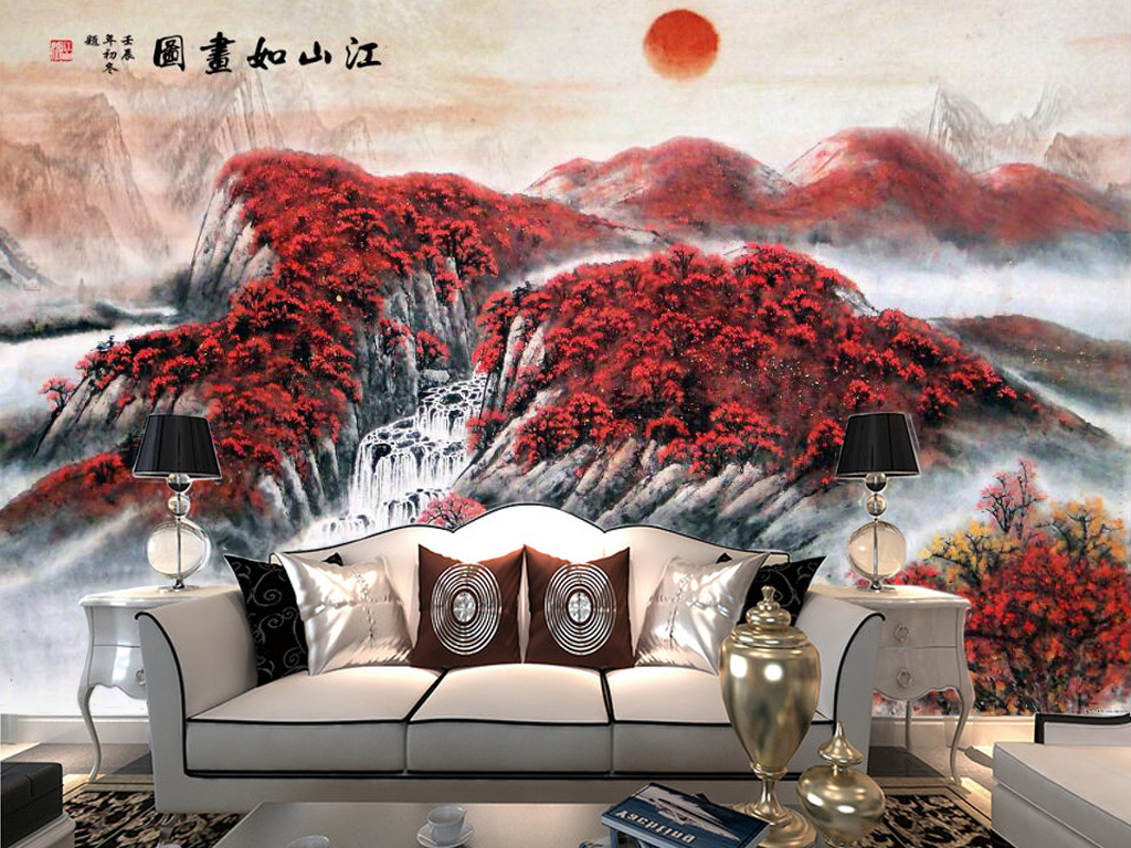 新中式鸿运当头江山如画电视背景墙