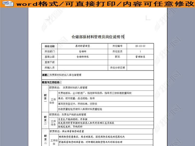 仓储部原材料管理员岗位说明书图片下载doc素