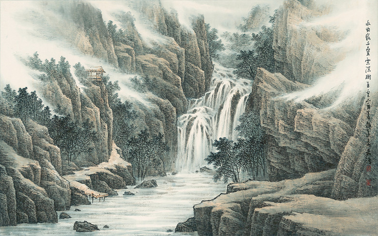高清复古山水瀑布装饰画背景墙(图片编号:161