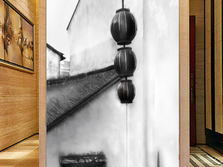 新中式水墨江南古镇民就水墨画玄关背景墙(图