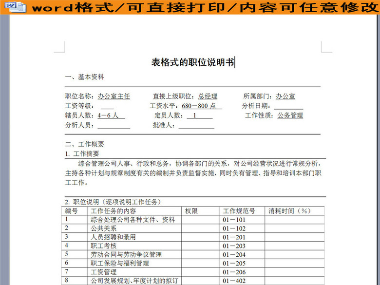 表格式的职位说明书(图片编号:16128935)_岗位