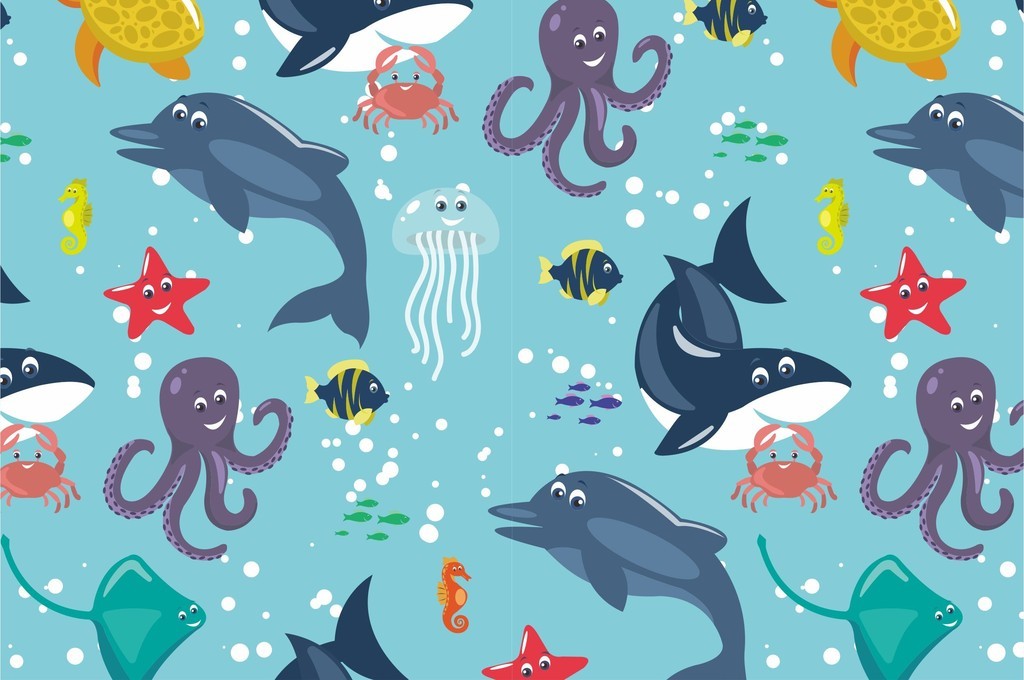 海洋元素鱼类被子床单面料儿童背景墙印花图