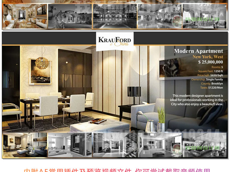 金色豪华房地产酒店介绍宣传幻灯片AE模板(图