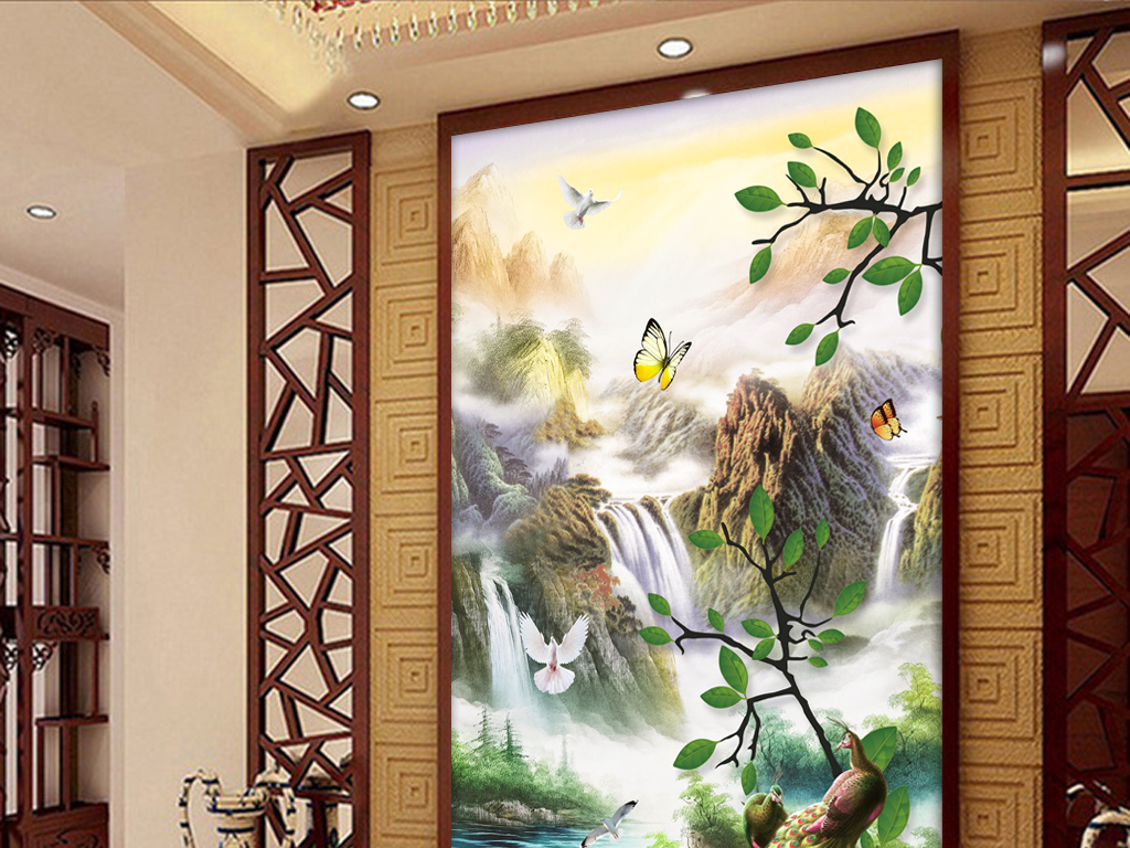 中式山水画玄关背景墙壁画