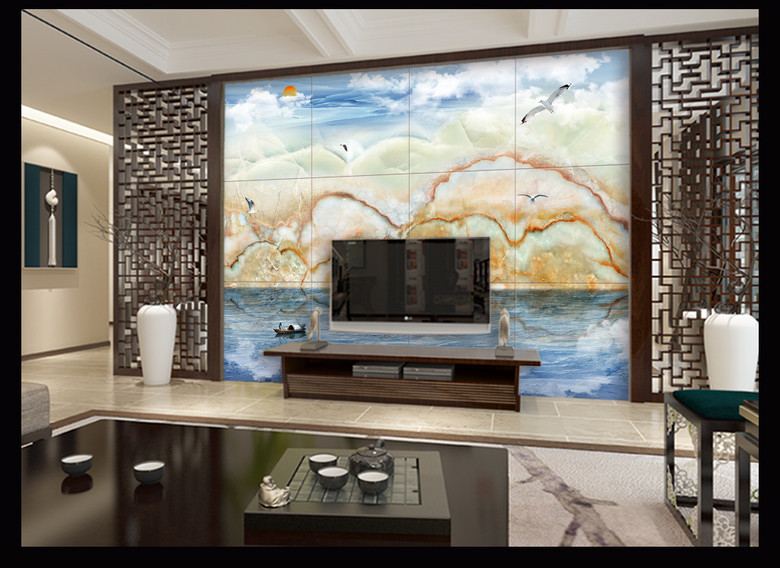 渔歌子蓝天碧水高温大理石纹山水画背景墙(图