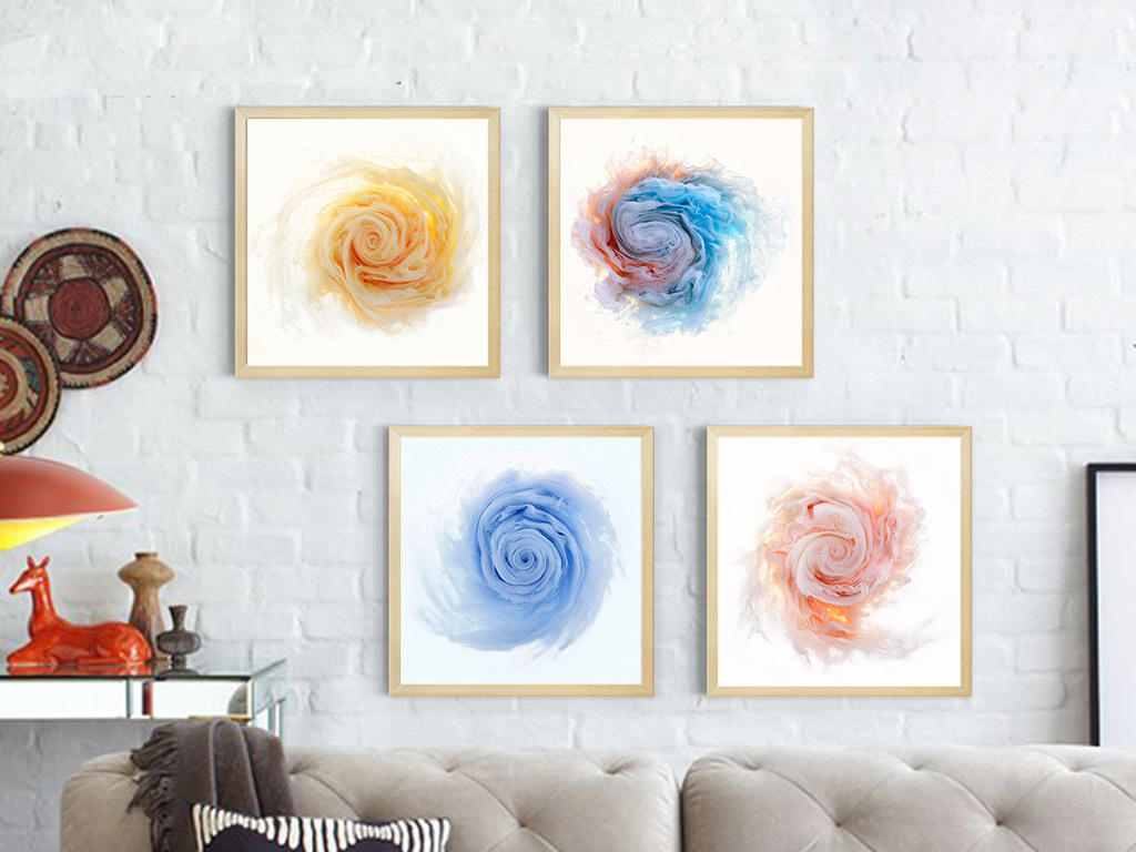 四联无框画红蓝黄彩色漩涡客厅玄关挂画多彩烟雾