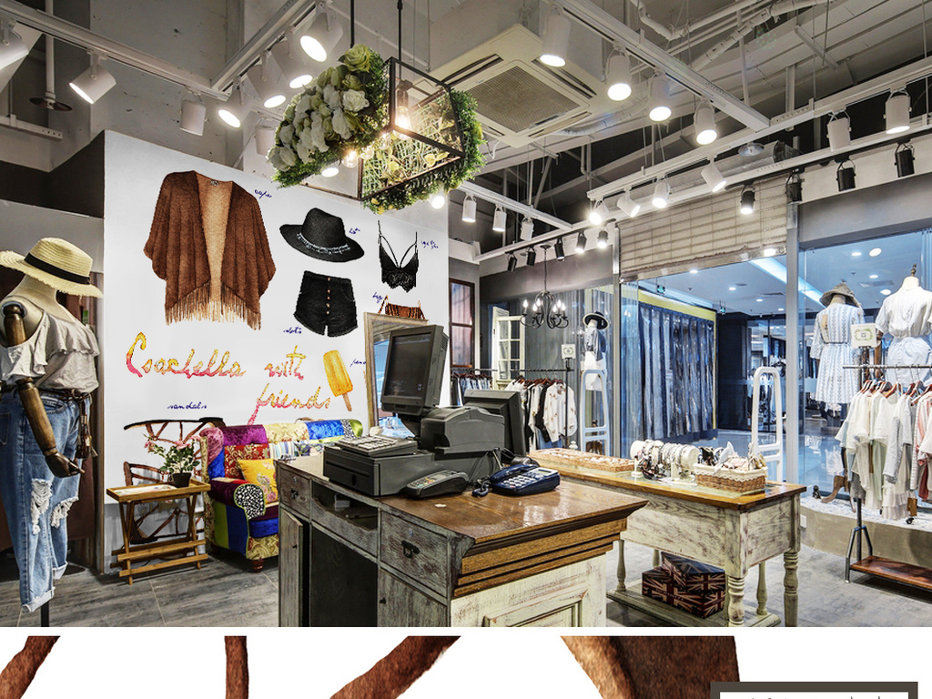 现代简约时尚手绘水彩绘画服装店背景墙