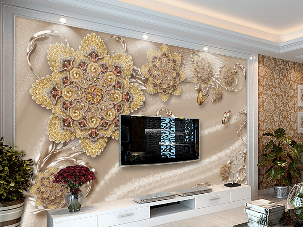高档欧式珠宝花朵软装电视背景墙