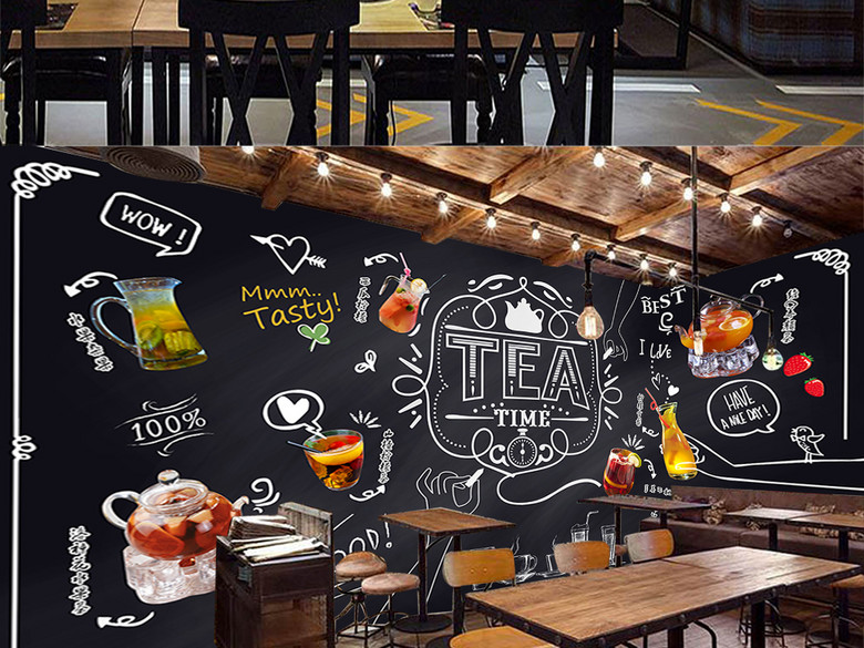 手绘粉笔黑板水果茶休闲吧奶茶店咖啡厅背景墙