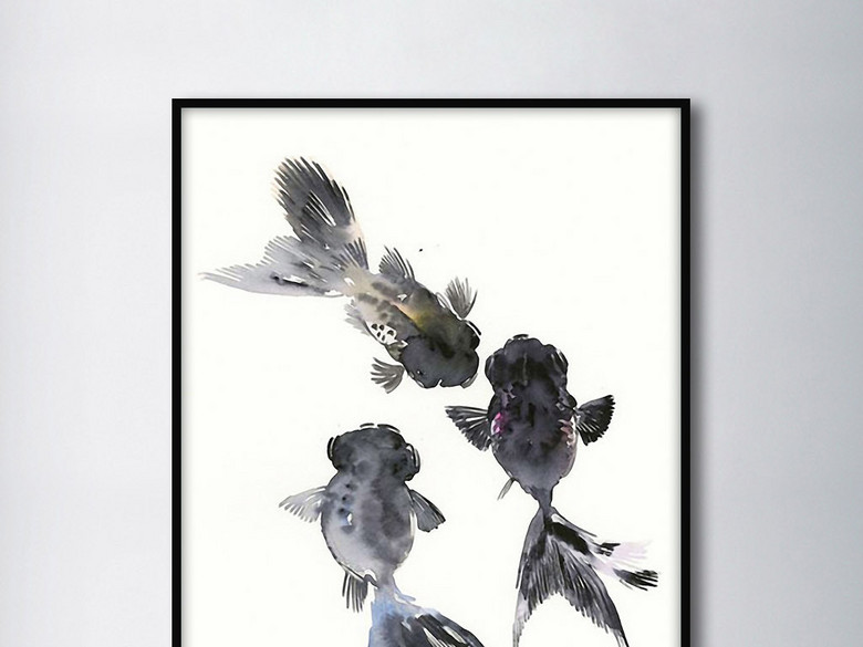 三只黑金鱼北欧新中式手绘水彩家居装饰画(图