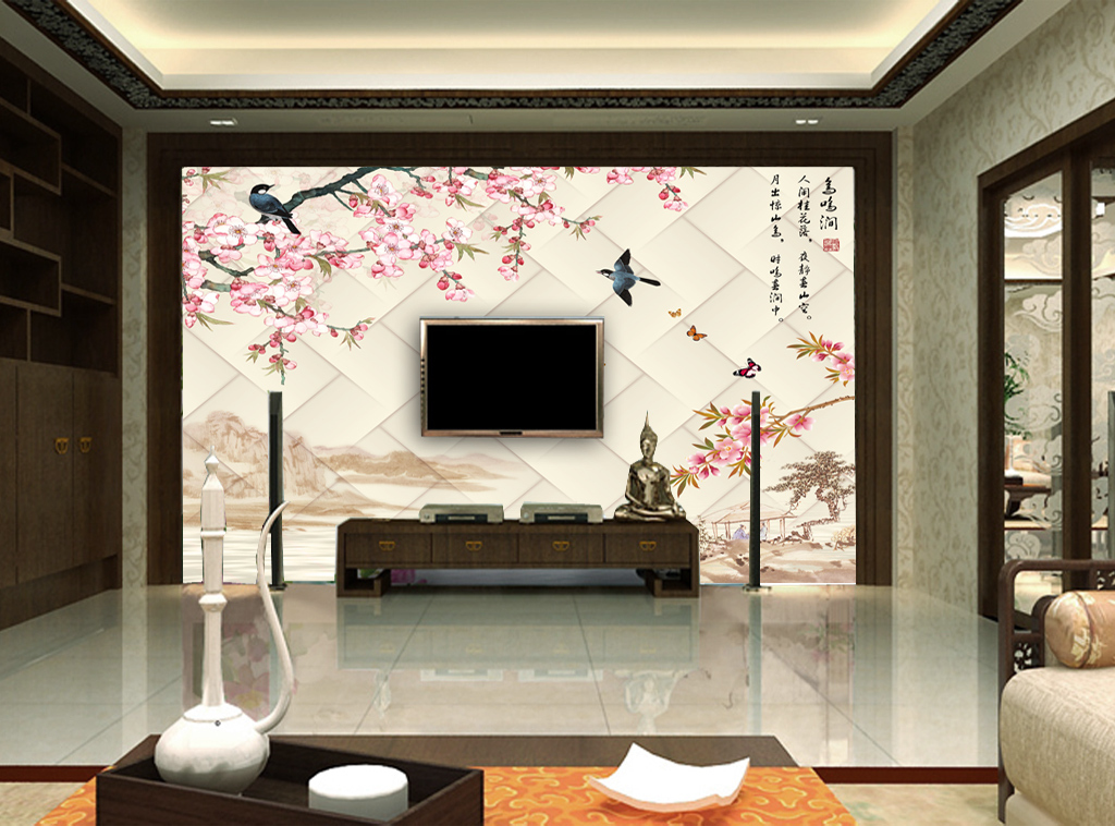 鸟鸣涧中式电视背景墙