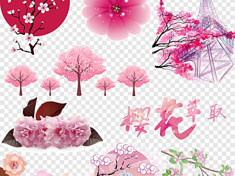漂浮花满树樱花樱花花瓣日本樱花手绘樱花(图